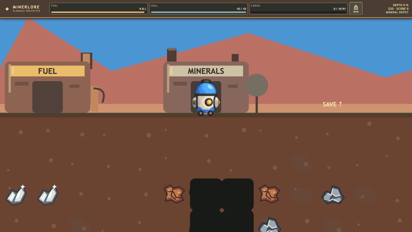 Minerlore prototype screenshot showing the mining pod, surface stations, and ore underground